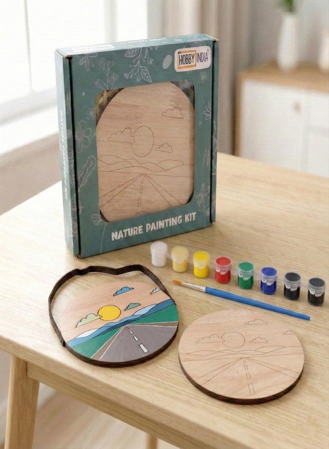 HOBBY INDIA Wooden Painting Kit Set for Kids & Adults | DIY Wall Decor Art & Craft | Round Tree Circle Coaster | Home & Office Hanging Decoration | Birthday Gift for Girls & Boys (Sunset Mountain Road Trip) - Image 1